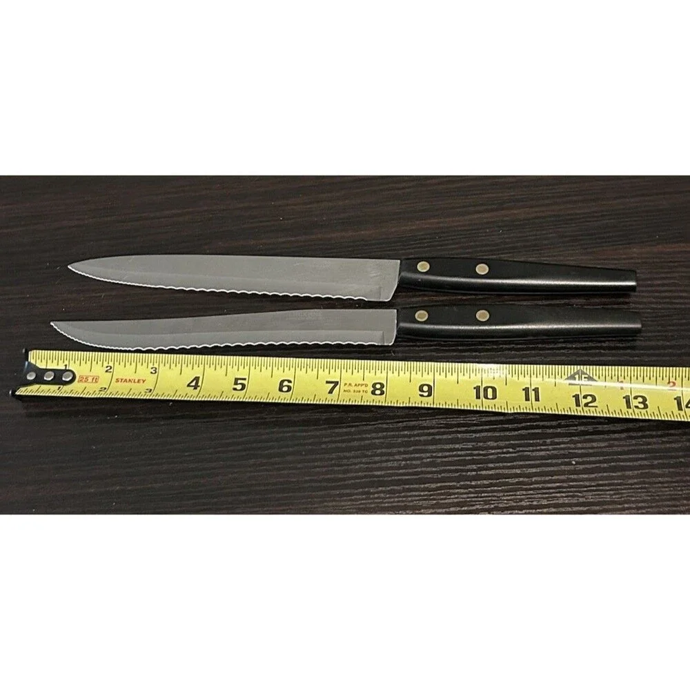Lot of 2 Lucerne Stainless Steel Serrated Steak Knives Black Rivet Handles USA